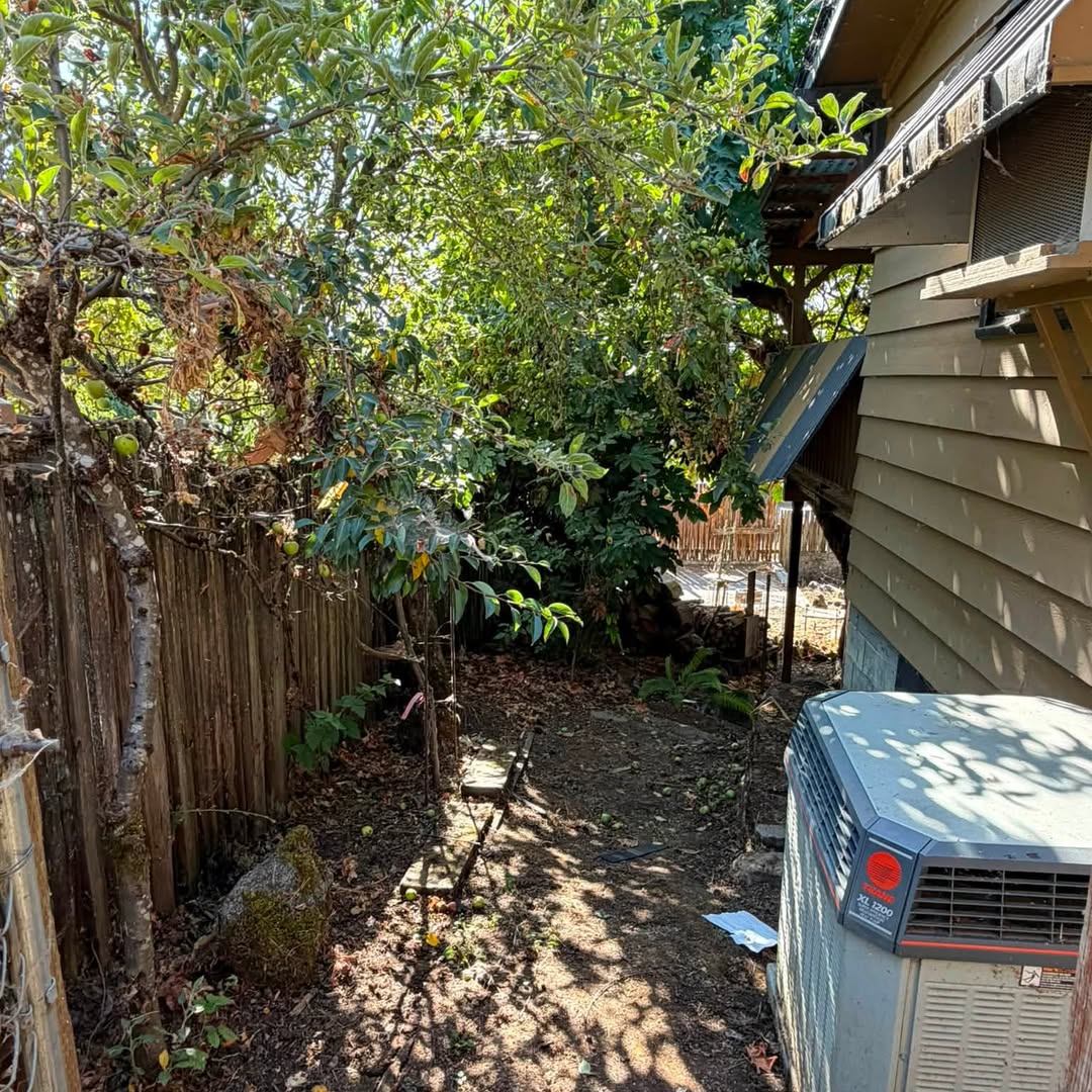 Overgrown side yard between a house and a wood fence, with an HVAC unit