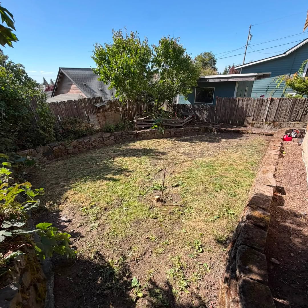 Sunken backyard after a cut, stone wall and wood fence behind it